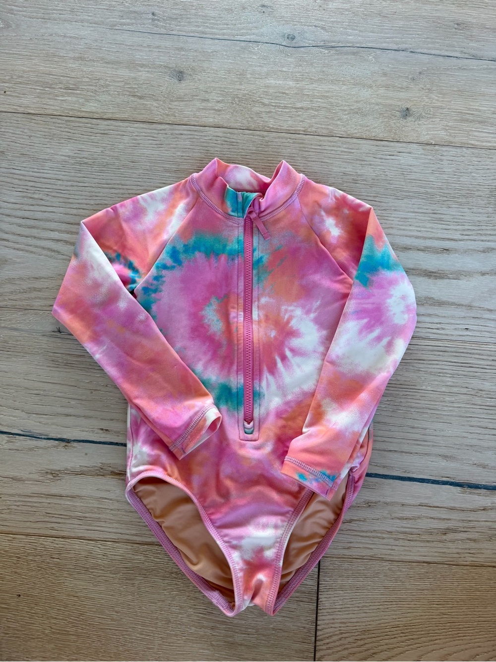 Crewcuts Kids Long-Sleeve Tie-Dye Rash Guard Swimsuit - Pink & Aqua